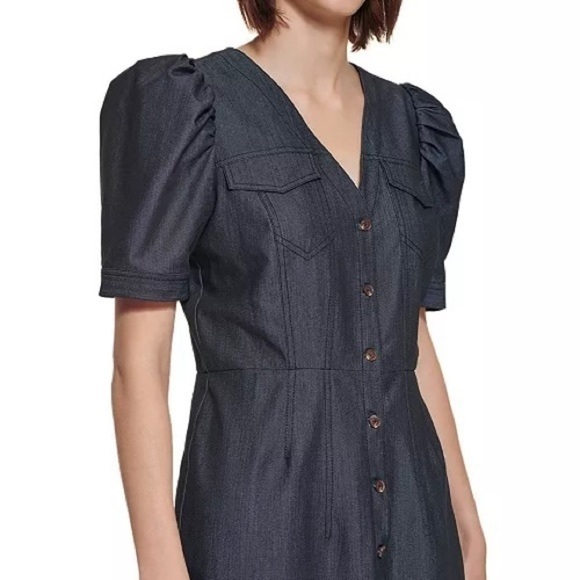 Calvin Klein Denim Puff-Sleeve Sheath Dress in Blue Size 6P - Picture 4 of 13